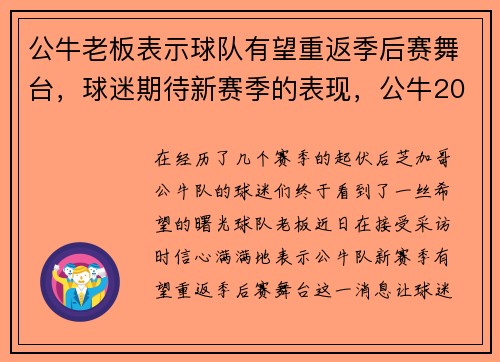 公牛老板表示球队有望重返季后赛舞台，球迷期待新赛季的表现，公牛2021-2022阵容