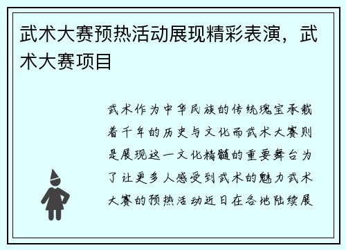 武术大赛预热活动展现精彩表演，武术大赛项目