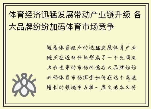 体育经济迅猛发展带动产业链升级 各大品牌纷纷加码体育市场竞争