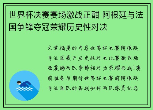 世界杯决赛赛场激战正酣 阿根廷与法国争锋夺冠荣耀历史性对决