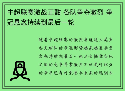 中超联赛激战正酣 各队争夺激烈 争冠悬念持续到最后一轮